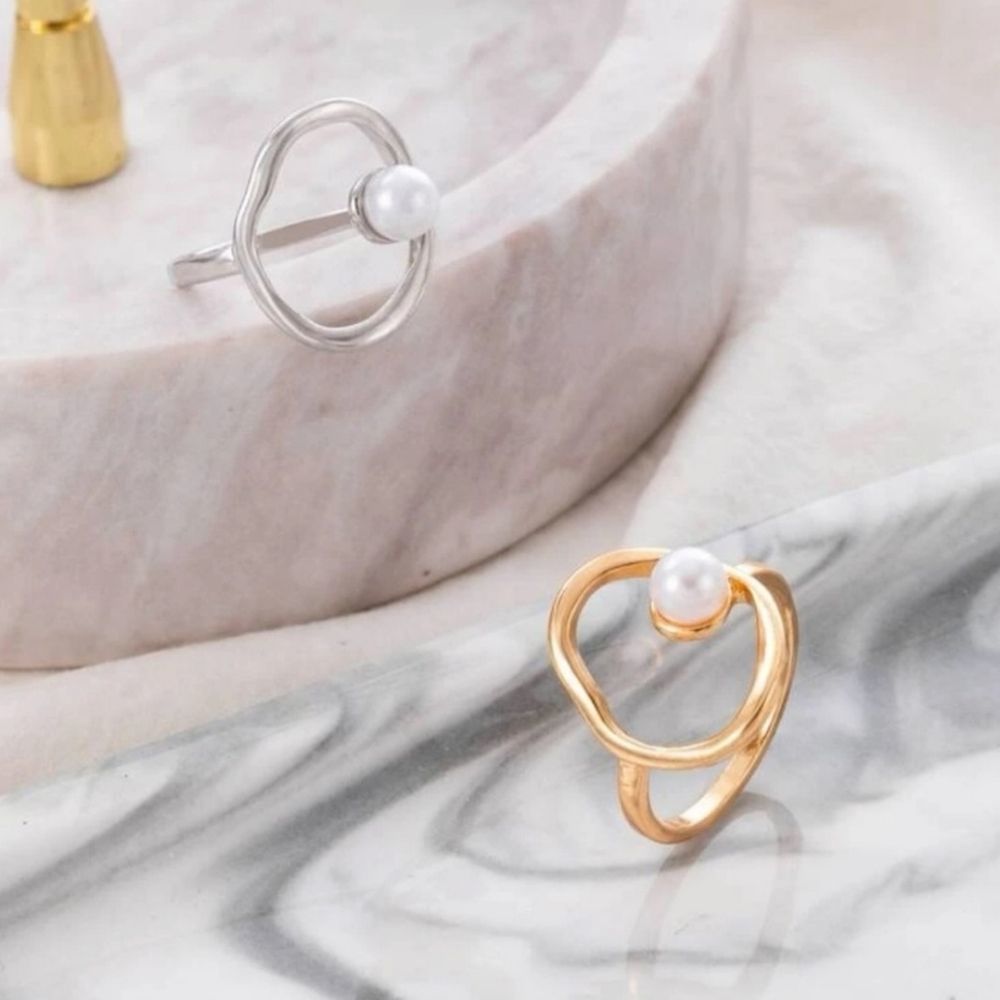 2 for $18❤️‍🔥 Silver Metal Loop Faux Pearl Asymmetrical Ring Size 9 - Picture 7 of 7